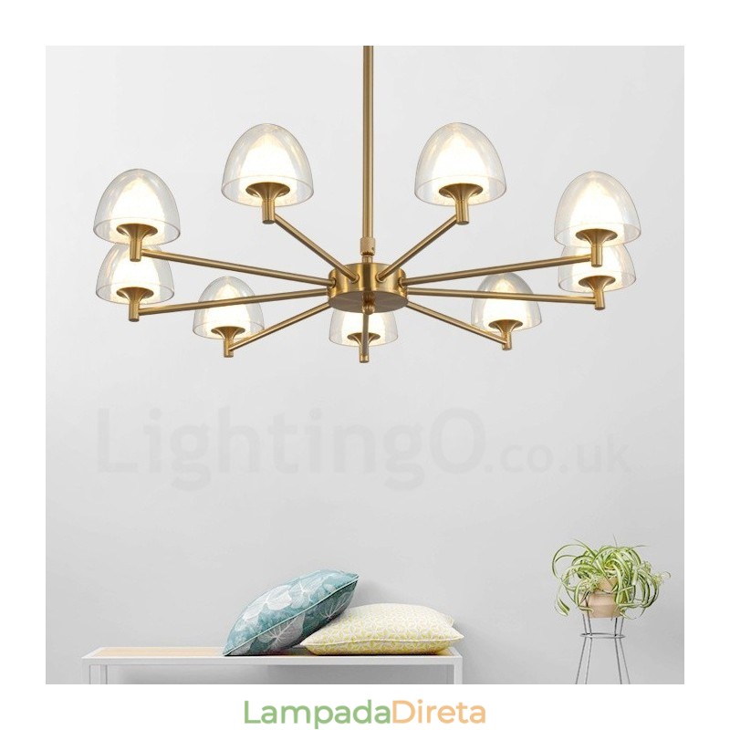 Lustre de metal moderno e contemporâneo de 9 luzes com cúpula de acrílico