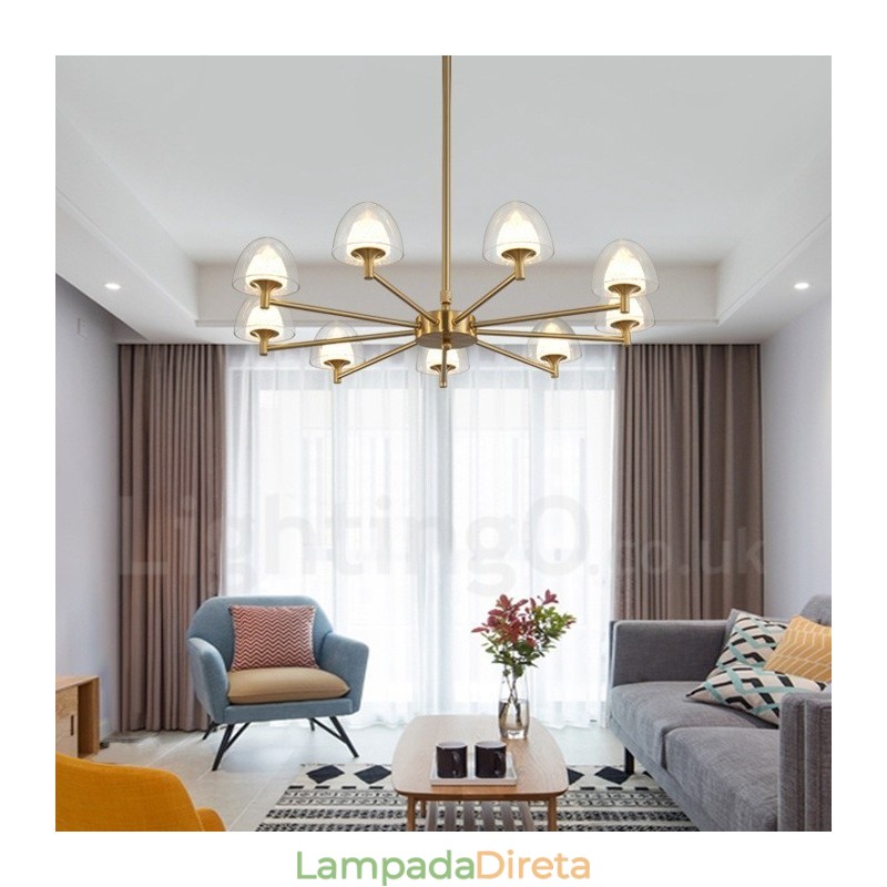 Lustre de metal moderno e contemporâneo de 9 luzes com cúpula de acrílico
