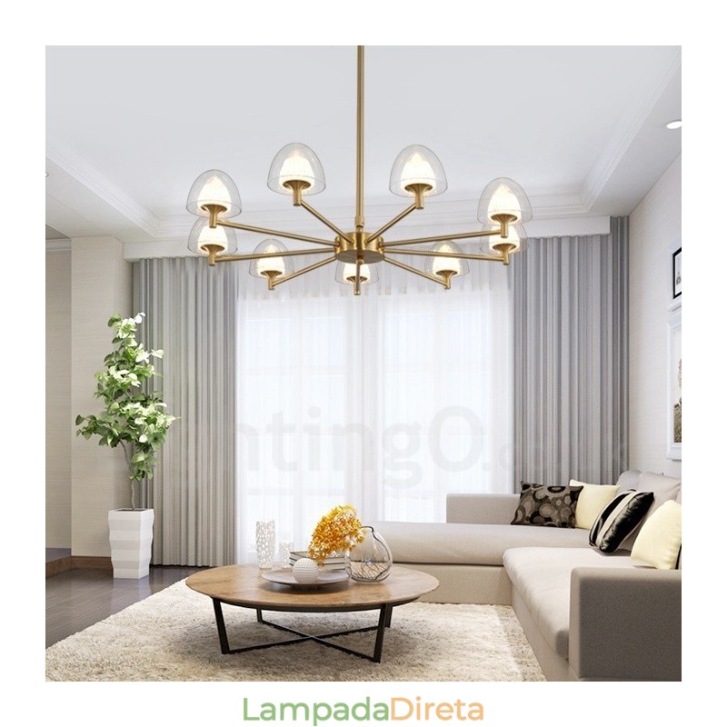 Lustre de metal moderno e contemporâneo de 9 luzes com cúpula de acrílico