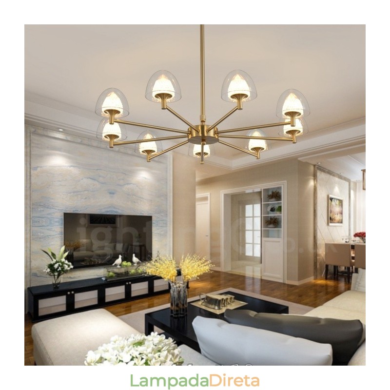 Lustre de metal moderno e contemporâneo de 9 luzes com cúpula de acrílico