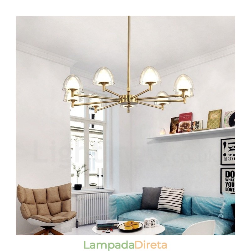 Lustre de metal moderno e contemporâneo de 9 luzes com cúpula de acrílico