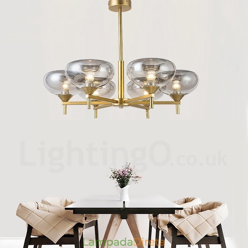 Lustre moderno contemporâneo de liga de alumínio com 6 luzes e cúpula de vidro