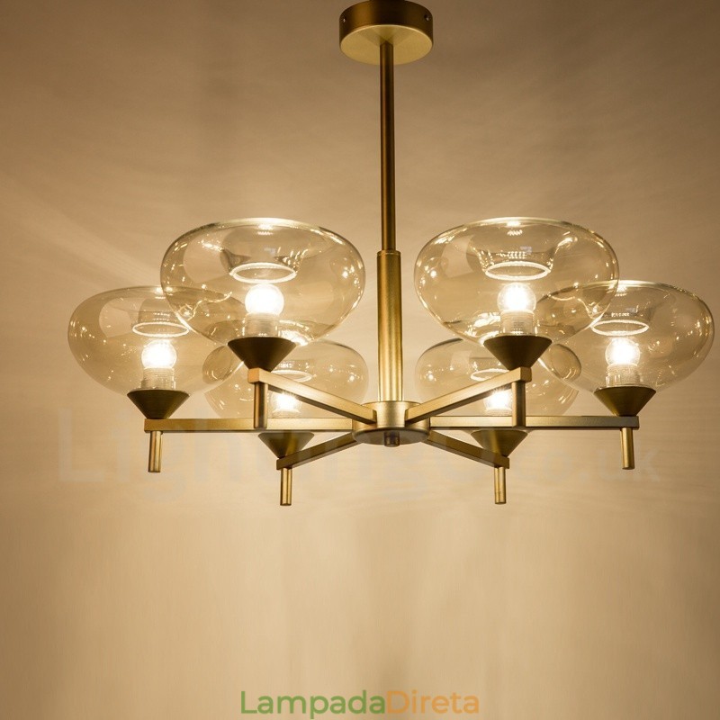 Lustre moderno contemporâneo de liga de alumínio com 6 luzes e cúpula de vidro