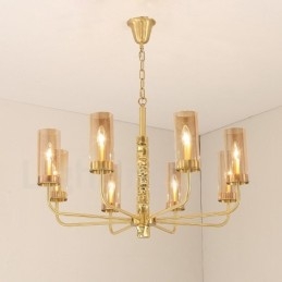 Lustre moderno contemporâneo de latão com 8 luzes e cúpula de vidro