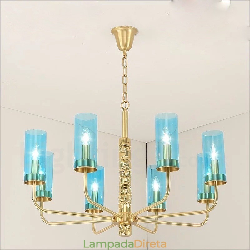 Lustre moderno contemporâneo de latão com 8 luzes e cúpula de vidro