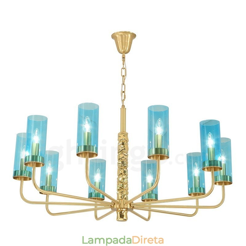 Lustre moderno contemporâneo de latão com 10 luzes e cúpula de vidro