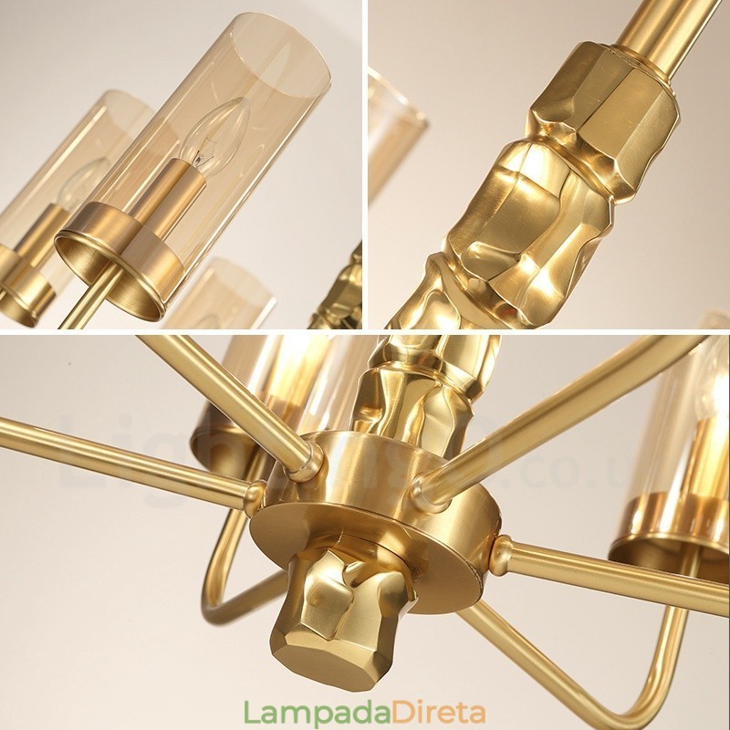 Lustre moderno contemporâneo de latão com 10 luzes e cúpula de vidro