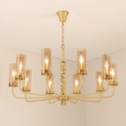 Lustre moderno contemporâneo de latão com 10 luzes e cúpula de vidro
