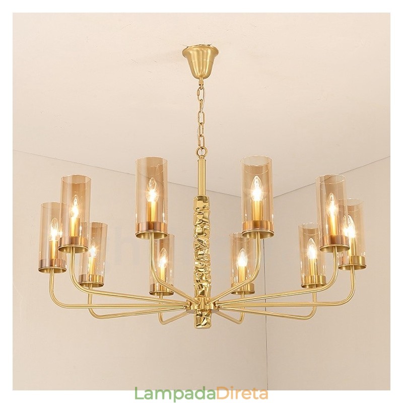 Lustre moderno contemporâneo de latão com 10 luzes e cúpula de vidro