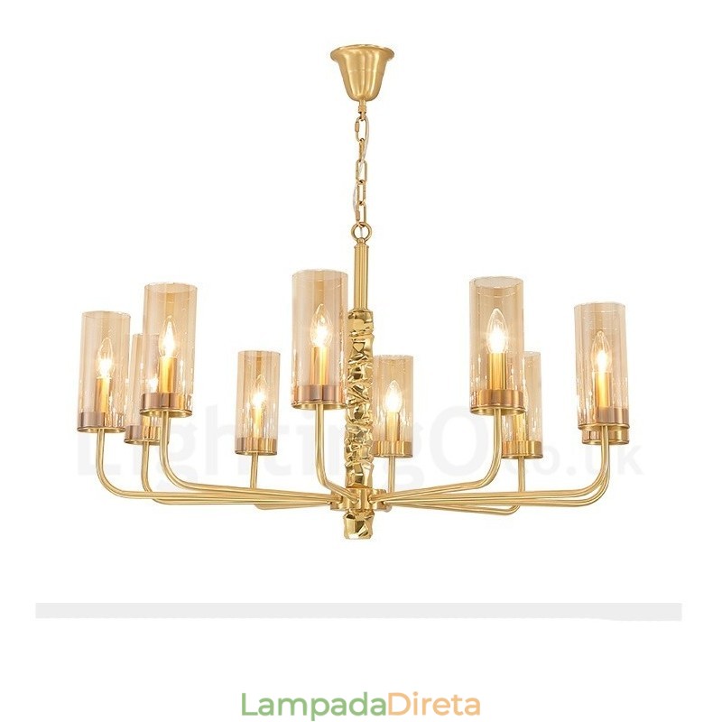 Lustre moderno contemporâneo de latão com 10 luzes e cúpula de vidro