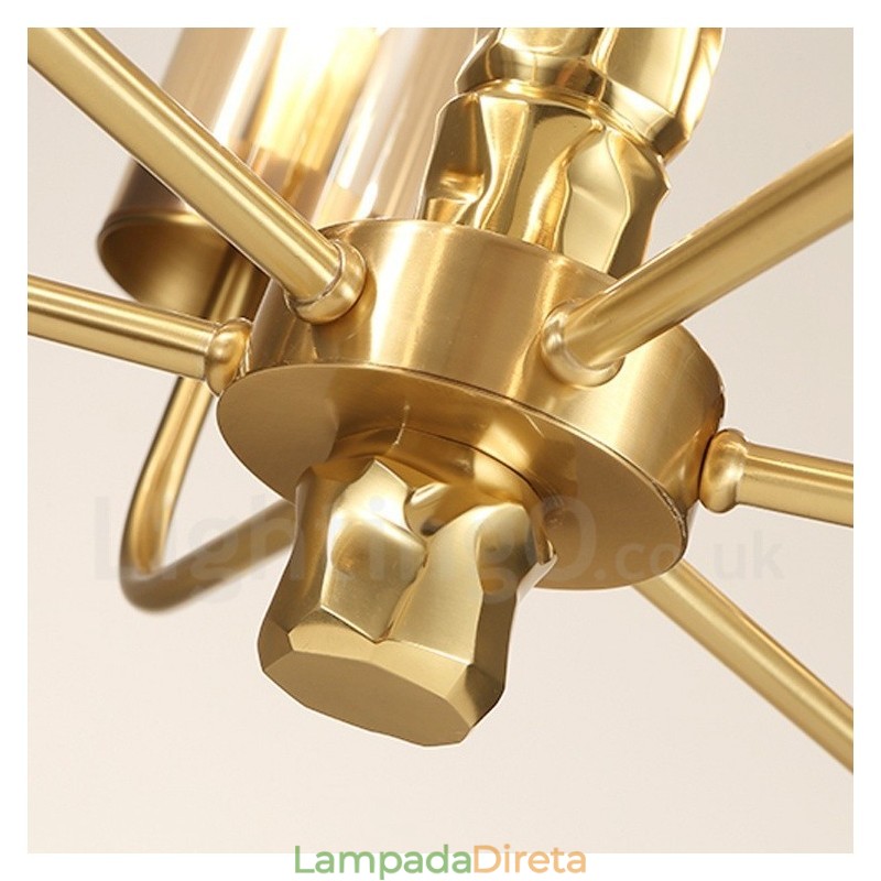 Lustre moderno contemporâneo de latão com 10 luzes e cúpula de vidro