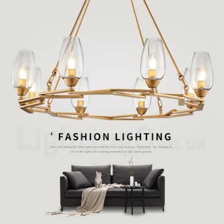 Luminária pendente moderna contemporânea de aço com 8 luzes e cúpula de vidro Luminária pendente moderna contemporânea de aço com 8 luzes e cúpula de vidro