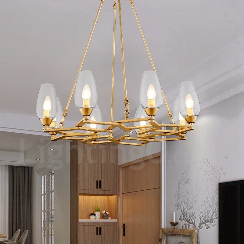 Luminária pendente moderna contemporânea de aço com 8 luzes e cúpula de vidro