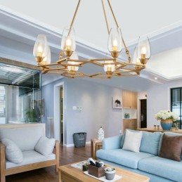 Luminária pendente moderna contemporânea de aço com 8 luzes e cúpula de vidro
