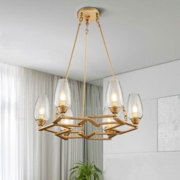 Luminária pendente moderna contemporânea de aço com 6 luzes e cúpula de vidro