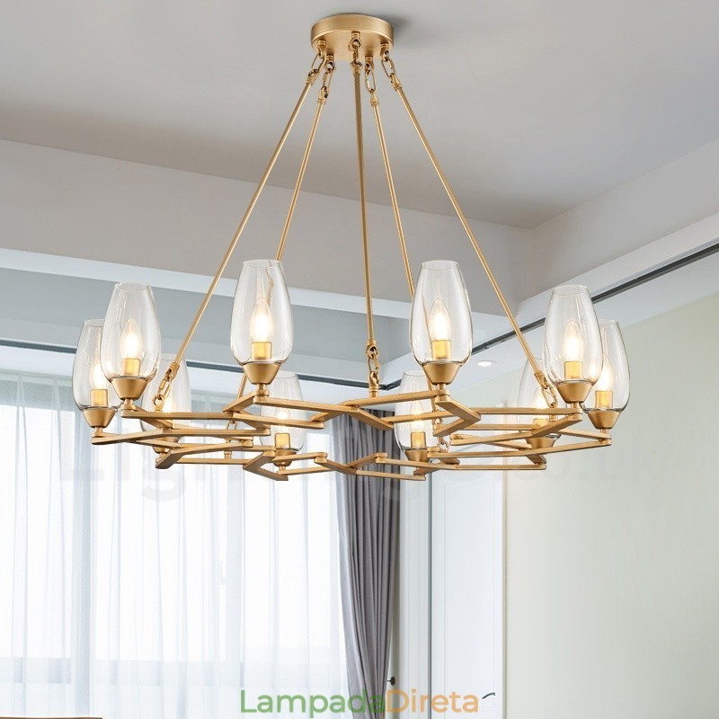 Luminária pendente moderna contemporânea de aço com 10 luzes e cúpula de vidro