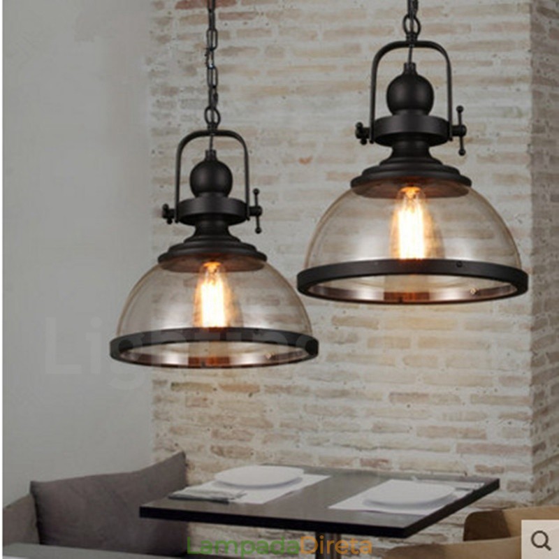 Retro 1 Luz de Aço Pendente Luz com Sombra de Vidro