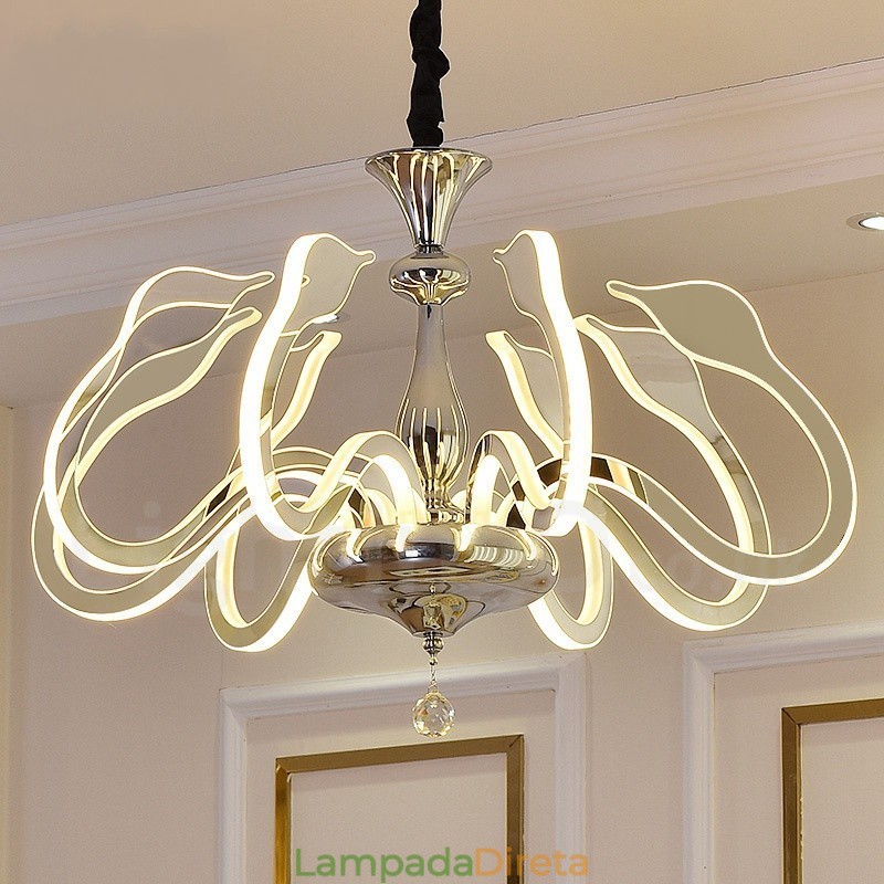Lustre moderno contemporâneo regulável de aço com 8 luzes e cúpula de acrílico