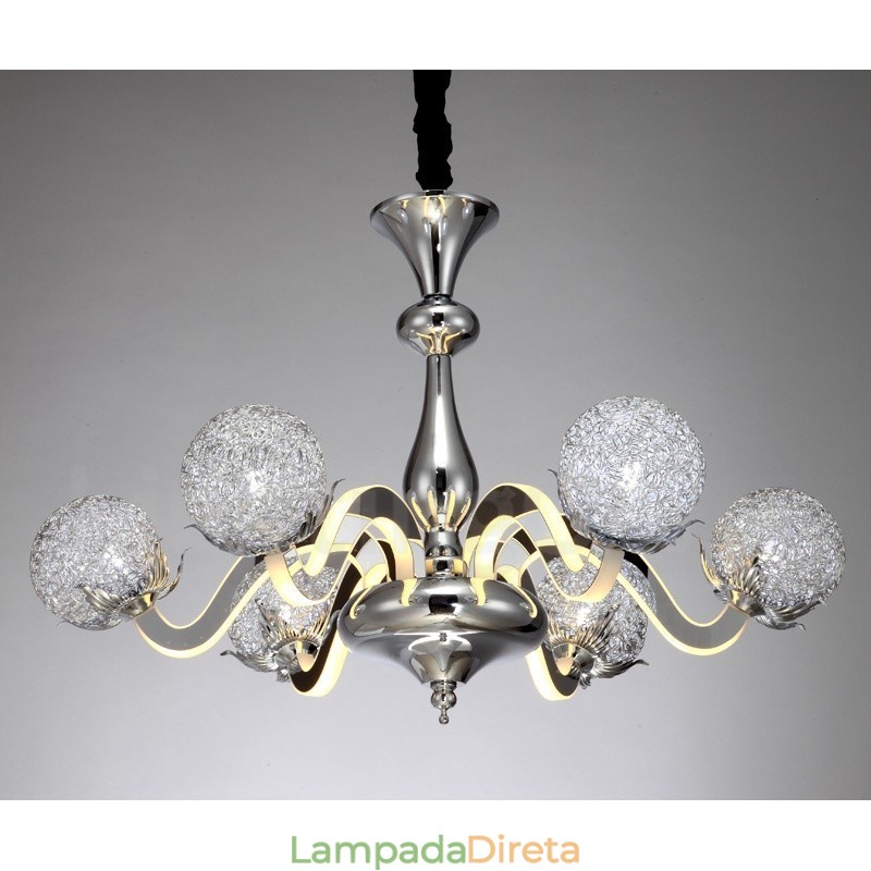 Lustre moderno contemporâneo regulável de aço com 6 luzes e sombra de liga de alumínio
