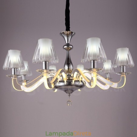 Lustre moderno contemporâneo regulável de aço com 8 luzes e cúpula de vidro Lustre moderno contemporâneo regulável de aço com 8 luzes e cúpula de vidro