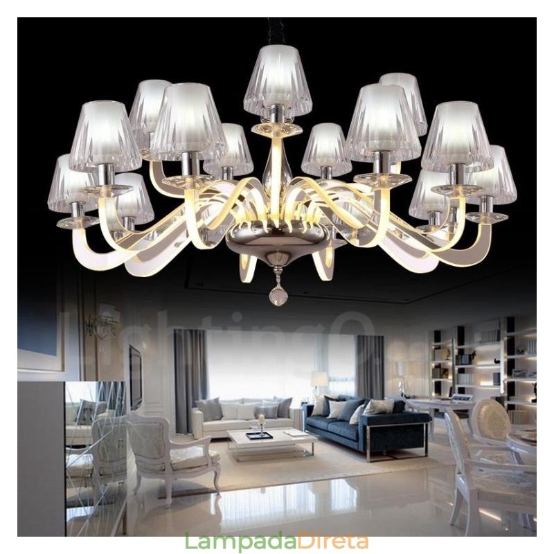 Lustre moderno contemporâneo regulável de aço com 15 luzes e cúpula de vidro