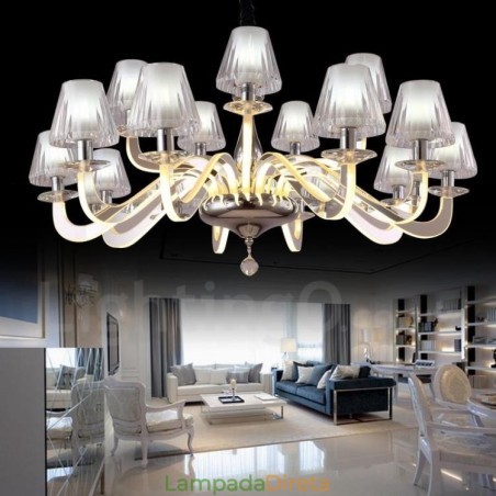 Lustre moderno contemporâneo regulável de aço com 15 luzes e cúpula de vidro Lustre moderno contemporâneo regulável de aço com 15 luzes e cúpula de vidro
