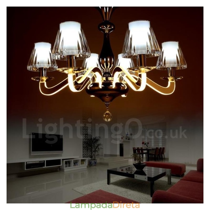 Lustre moderno contemporâneo regulável de aço com 6 luzes e cúpula de vidro