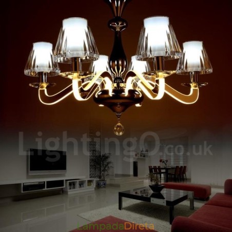 Lustre moderno contemporâneo regulável de aço com 6 luzes e cúpula de vidro Lustre moderno contemporâneo regulável de aço com 6 luzes e cúpula de vidro