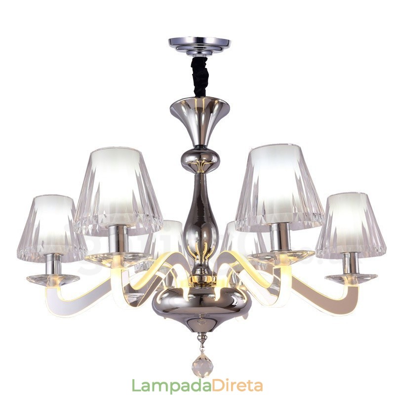 Lustre moderno contemporâneo regulável de aço com 6 luzes e cúpula de vidro