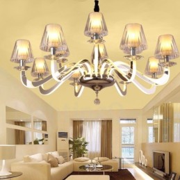 Lustre moderno contemporâneo regulável de aço com 10 luzes e cúpula de vidro