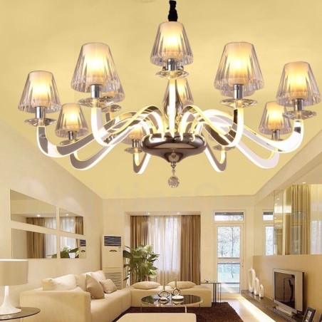 Lustre moderno contemporâneo regulável de aço com 10 luzes e cúpula de vidro Lustre moderno contemporâneo regulável de aço com 10 luzes e cúpula de vidro