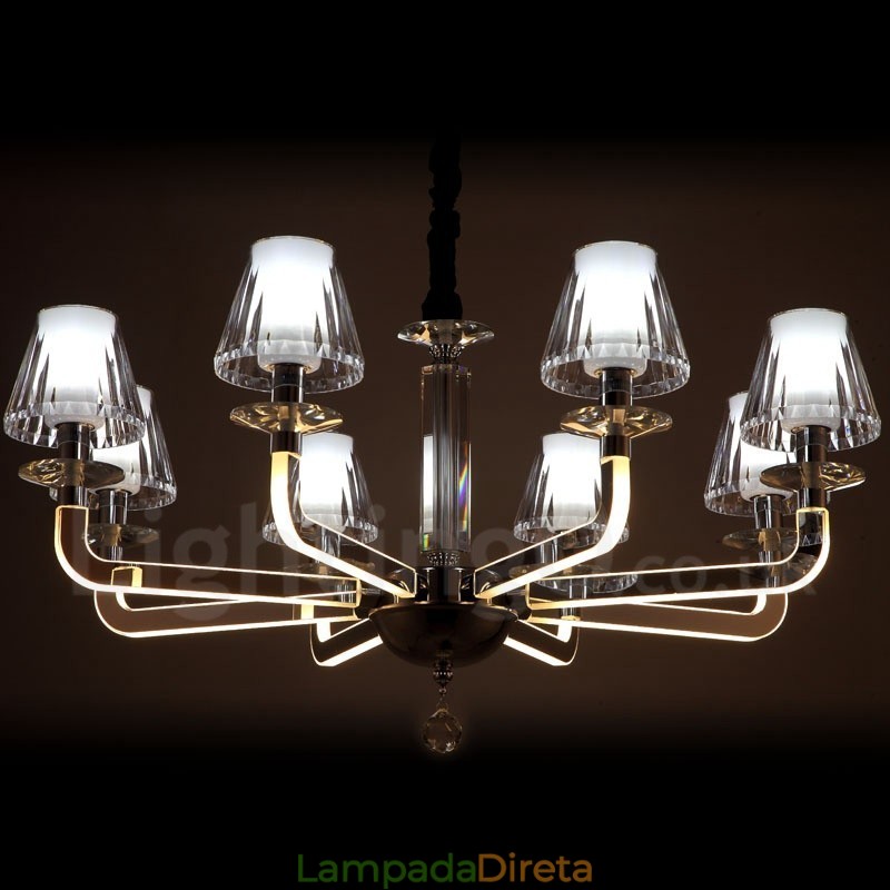 Lustre de cristal moderno contemporâneo regulável com 8 luzes e cúpula de vidro