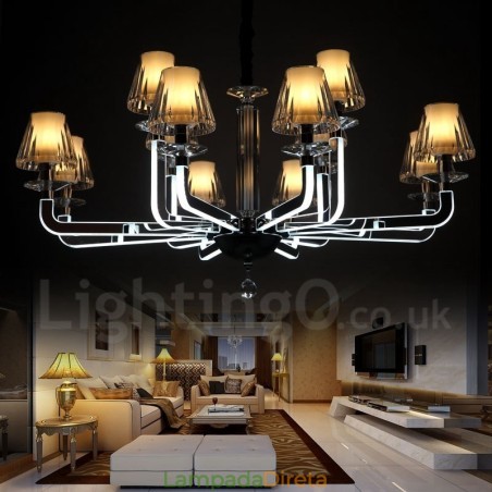 Lustre de cristal moderno contemporâneo regulável de 12 luzes com cúpula de vidro Lustre de cristal moderno contemporâneo regulável de 12 luzes com cúpula de vidro