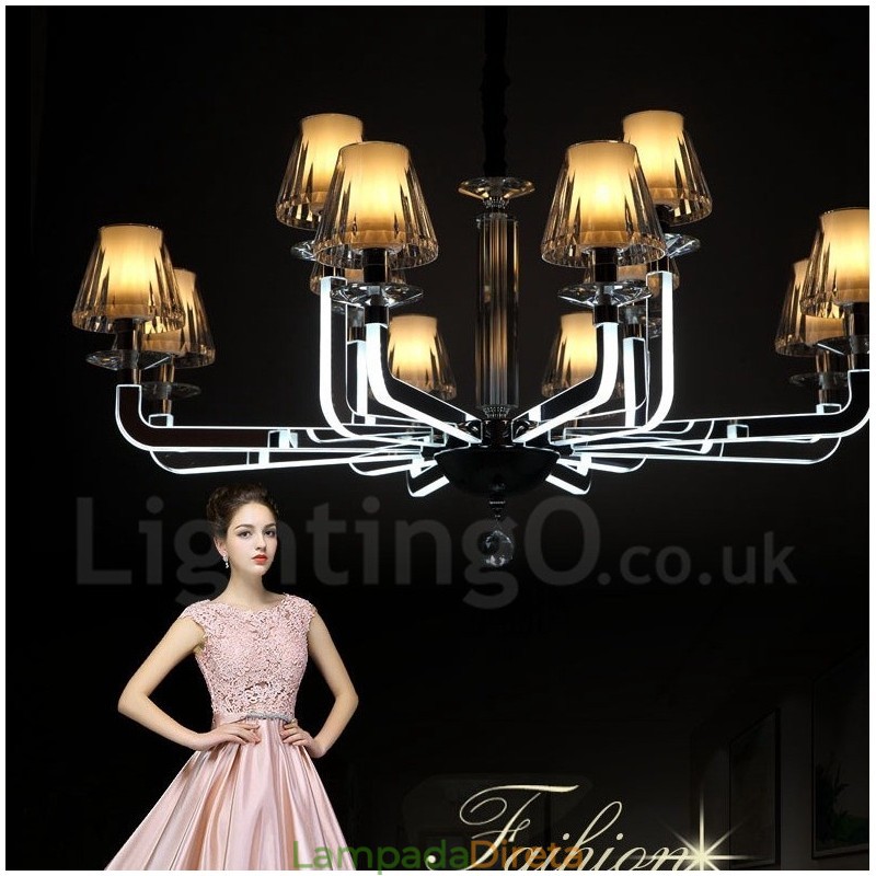 Lustre de cristal moderno contemporâneo regulável de 12 luzes com cúpula de vidro