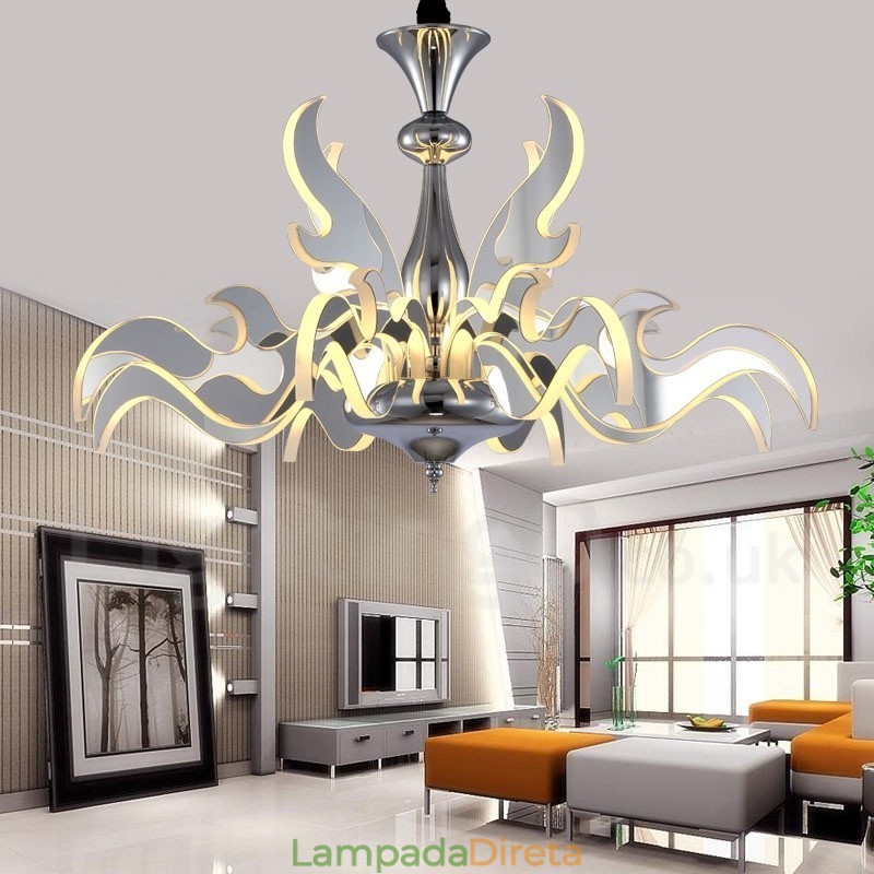 Lustre moderno contemporâneo regulável de aço com 12 luzes e cúpula de acrílico
