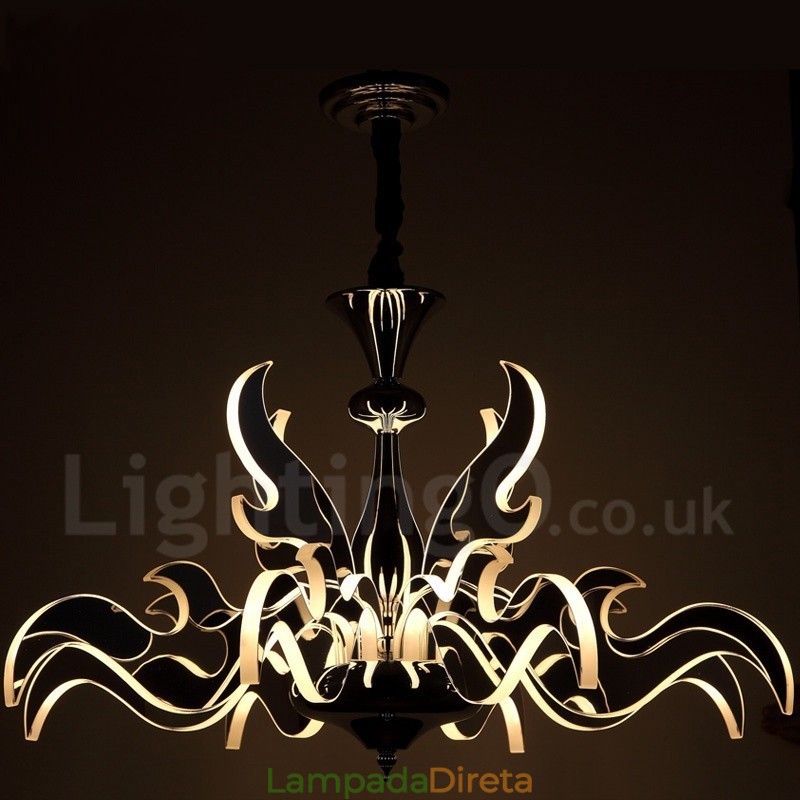 Lustre moderno contemporâneo regulável de aço com 12 luzes e cúpula de acrílico