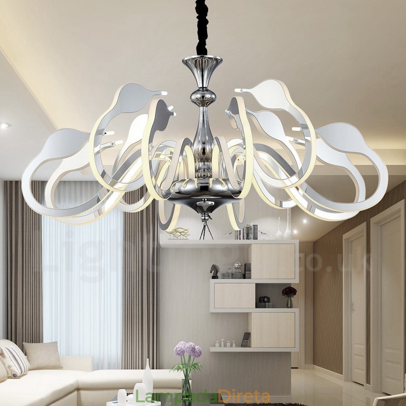 Lustre moderno contemporâneo regulável de aço com 12 luzes e cúpula de acrílico