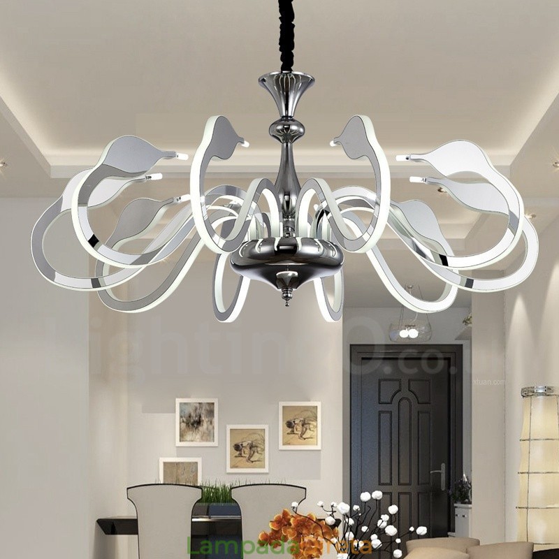 Lustre moderno contemporâneo regulável de aço com 10 luzes e cúpula de acrílico