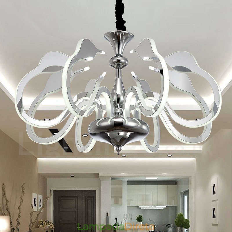 Lustre moderno contemporâneo regulável de aço com 8 luzes e cúpula de acrílico