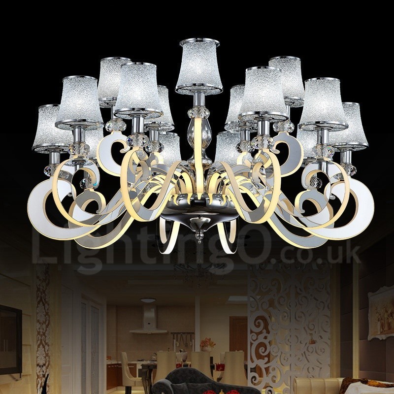 Lustre moderno contemporâneo regulável de aço com 15 luzes e cúpula de vidro