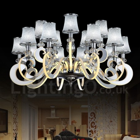 Lustre moderno contemporâneo regulável de aço com 15 luzes e cúpula de vidro Lustre moderno contemporâneo regulável de aço com 15 luzes e cúpula de vidro