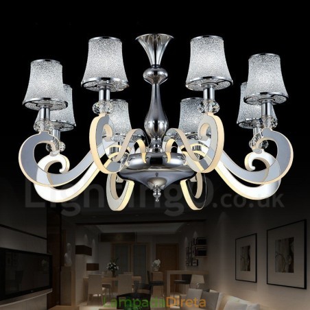 Lustre moderno contemporâneo regulável de aço com 8 luzes e cúpula de vidro Lustre moderno contemporâneo regulável de aço com 8 luzes e cúpula de vidro