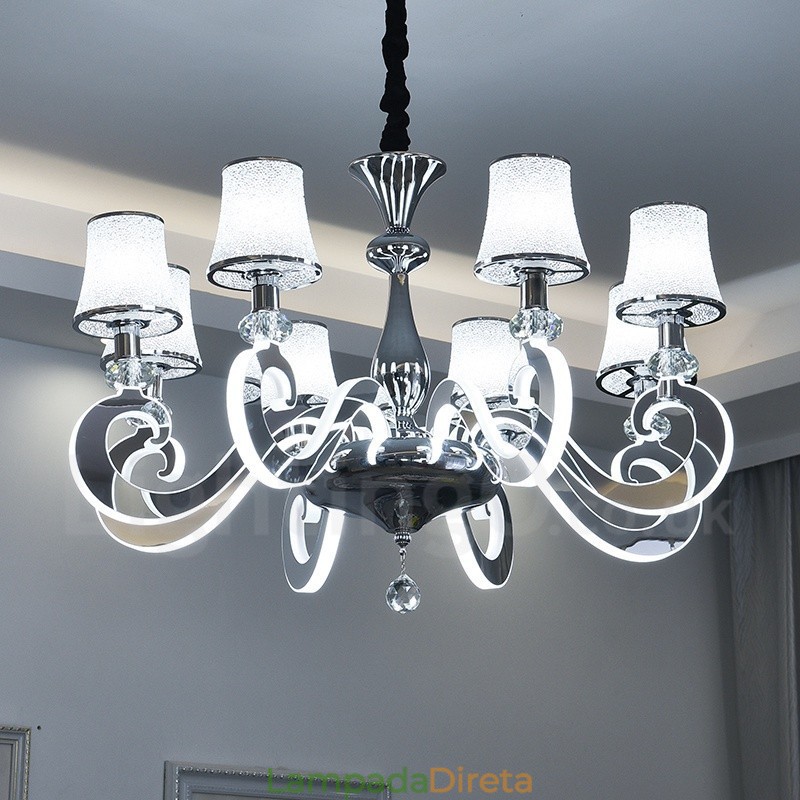 Lustre moderno contemporâneo regulável de aço com 8 luzes e cúpula de vidro