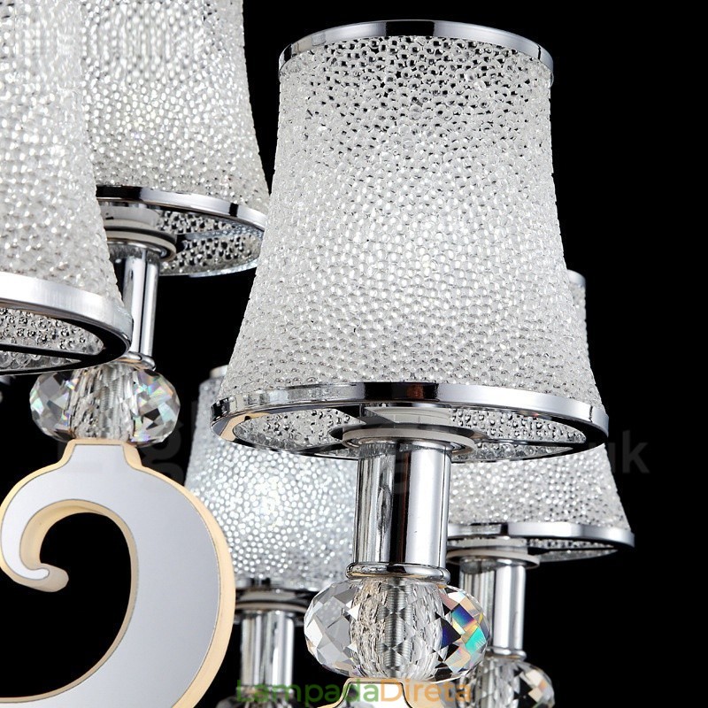 Lustre moderno contemporâneo regulável de aço com 8 luzes e cúpula de vidro