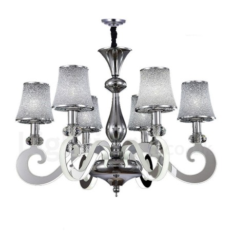 Lustre moderno contemporâneo regulável de aço com 6 luzes e cúpula de vidro Lustre moderno contemporâneo regulável de aço com 6 luzes e cúpula de vidro