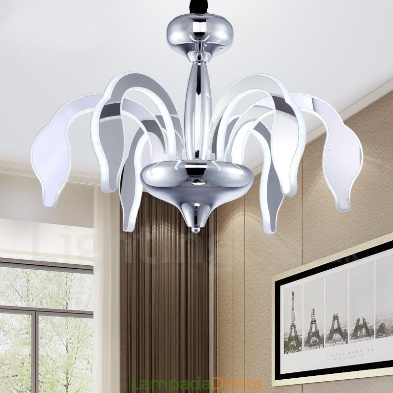 Lustre moderno contemporâneo regulável de aço com 6 luzes e cúpula de acrílico