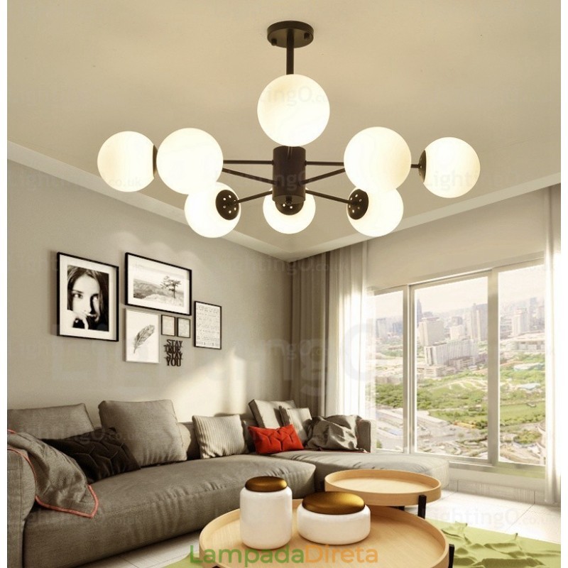 Lustre moderno contemporâneo de 8 luzes com cúpula de vidro