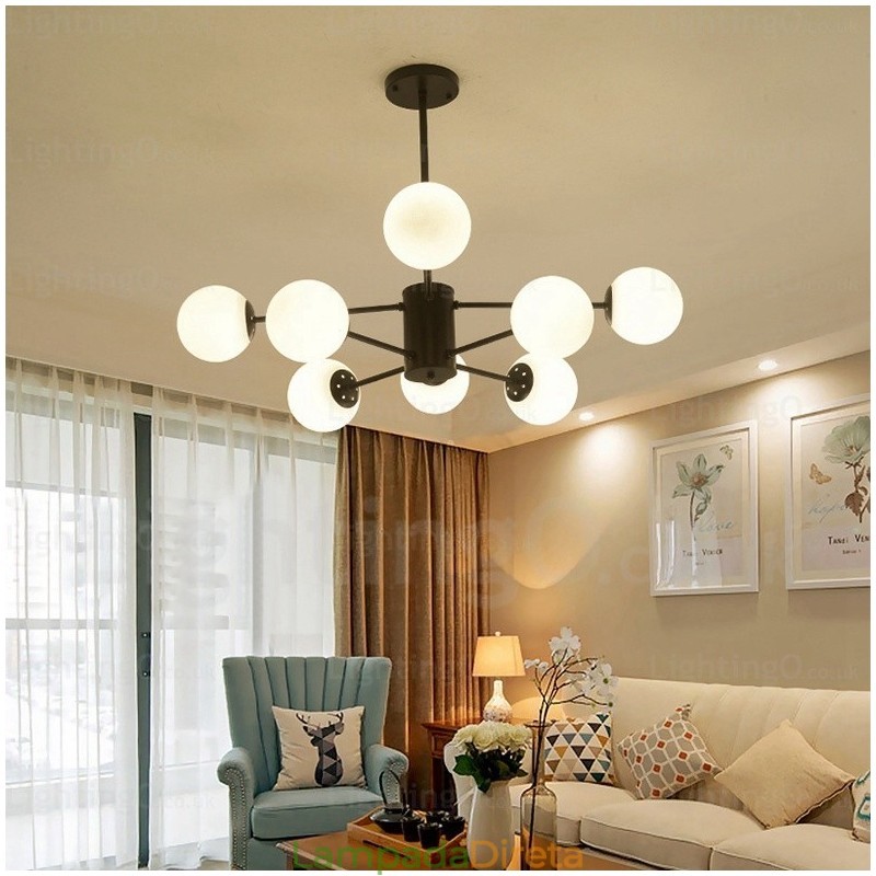 Lustre moderno contemporâneo de 8 luzes com cúpula de vidro