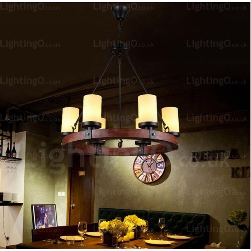 Luminária pendente rústica de 6 luzes com cúpula de vidro
