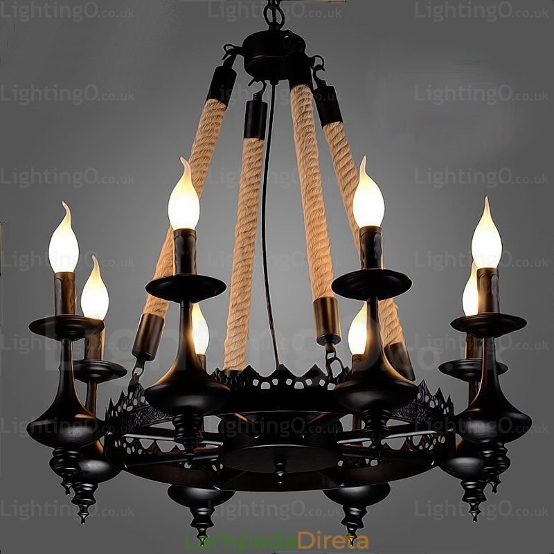 Luminária pendente rústica de 8 luzes